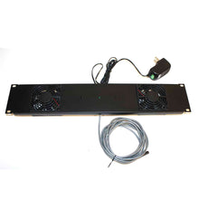 Load image into Gallery viewer, Lowell Mfg DC Fan Panel-2U, Two 3.5in Fans, 52cfm total, 26dB, Universal Power Supply with 4 plug adaptors, Thermostat Probe